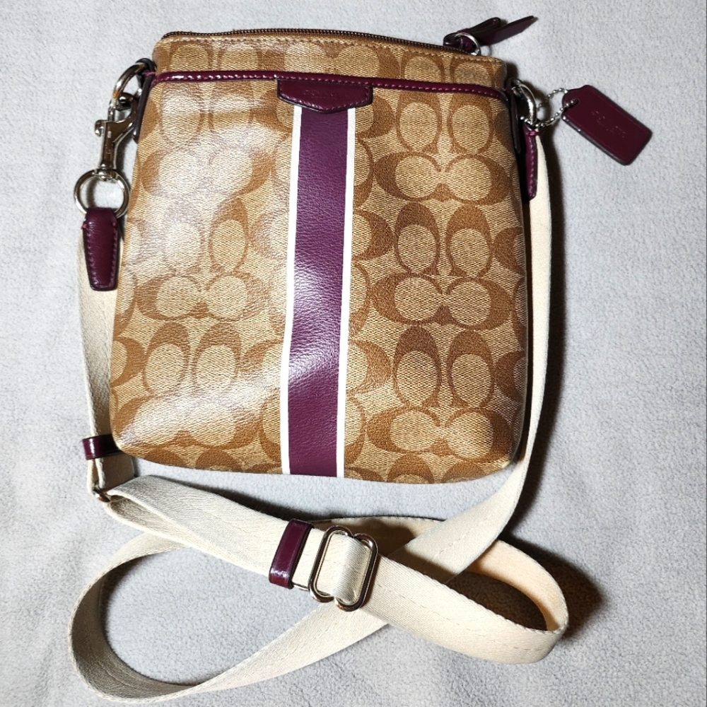 COACH Khaki Signature Crossbody Purple Stripe